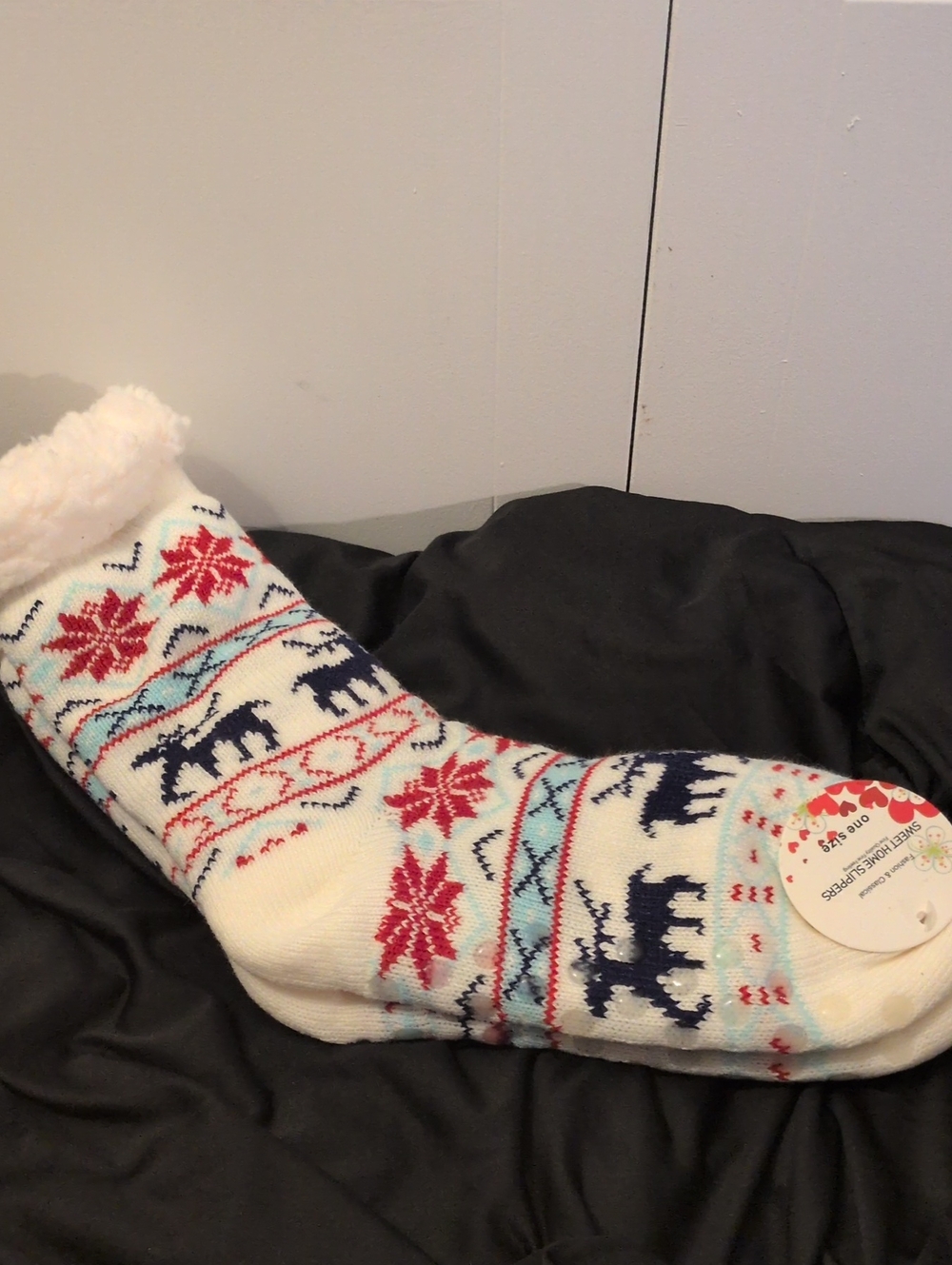 Cozy Cream Holiday Reindeer Knit Fleece-Lined Slipper Socks